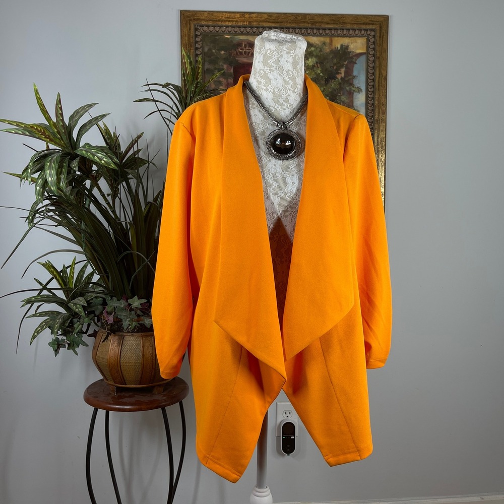 Cato Open Front Blazer Women Large Orange Poly Spandex Drape Neck 3/4 Sleeve